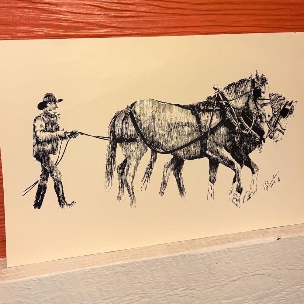 Victor L. Erickson 1996  Horse Team Pen and Ink Style Lithograph Print 11 x 17